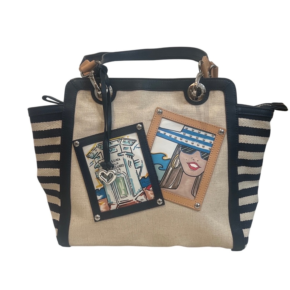 Brighton Fashionista Laguna Beach Tote Bag Canvas Leather Navy Top Handle Purse